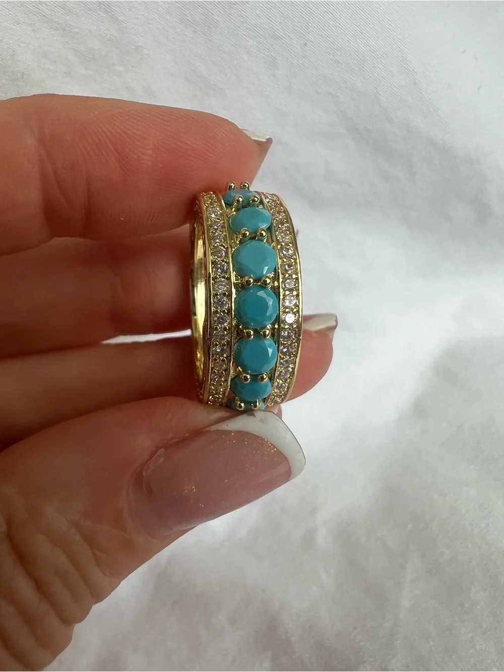 Gold Turquoise Band Ring with Crystal Accents